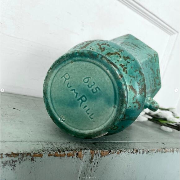 Vintage Rumrill 635 Vase Scrolls Green Teal Mottled Brown 1930s Art Deco Pottery - Picture 5 of 9